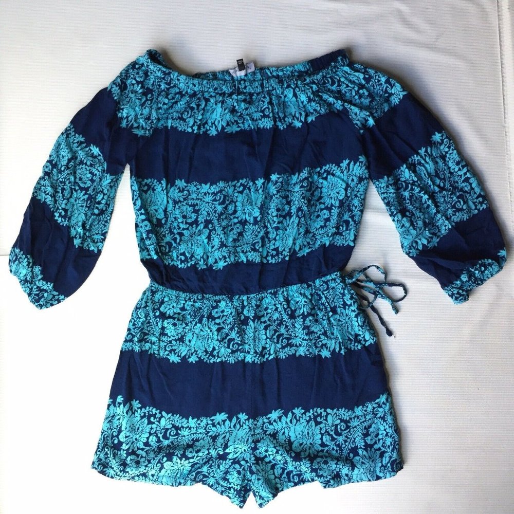 Spiaggia Dolce Dress Womens Large Romper Peasant Navy Turquoise Blue Floral